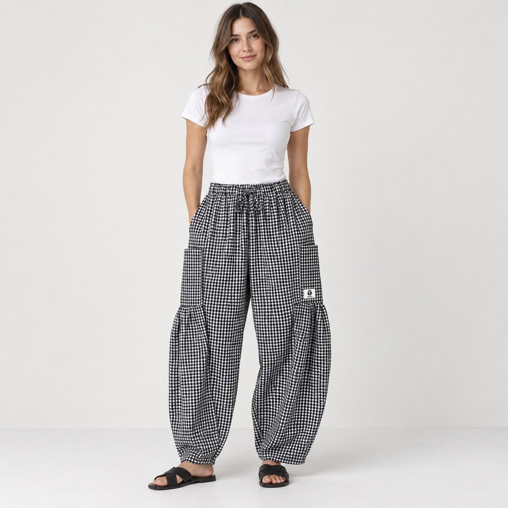 TARSE Gingham Barrel balloon 
Cargo Pants L Black White Baggy Boho Cottagecore